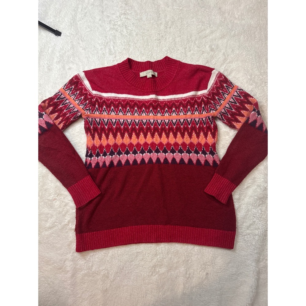 LOFT Sweater Women Small Red Good Fair Isle Geometric Knit Crewneck Long Sleeve